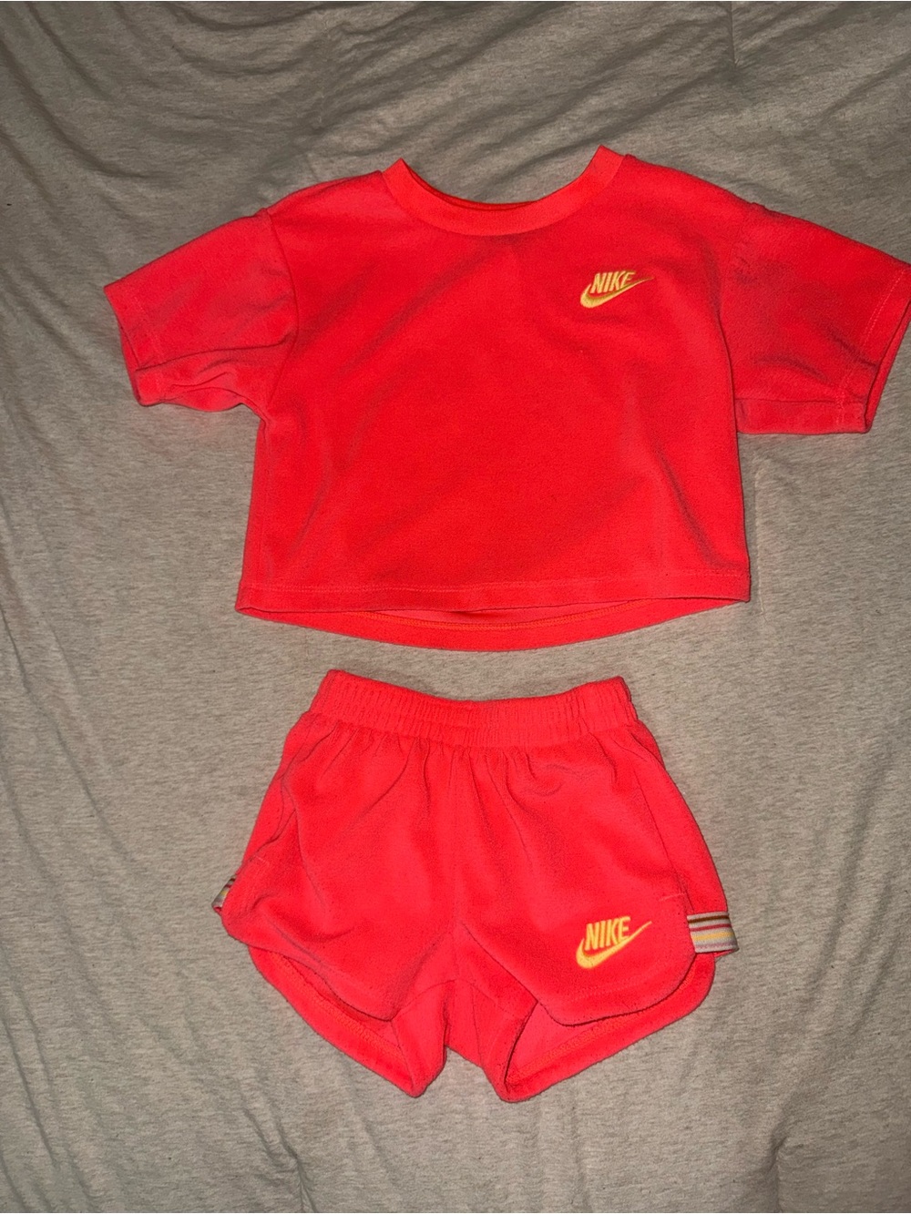 Nike Neon Coral Crop Tee & Shorts Set with Yellow Swoosh